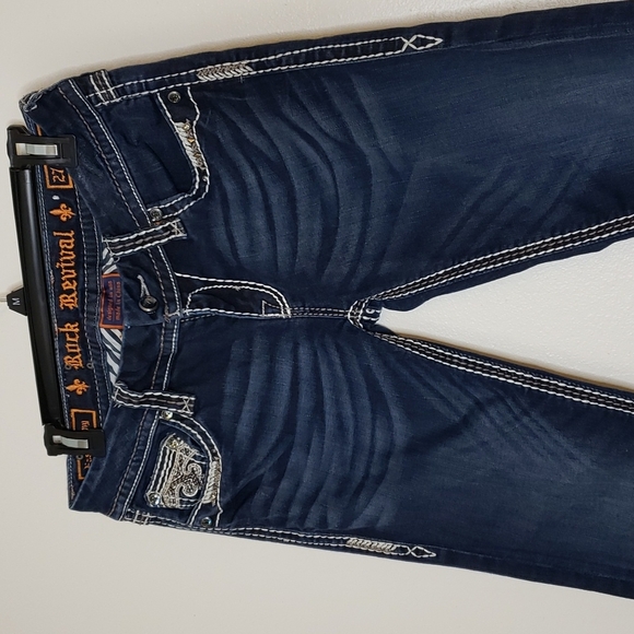 Rock Revival Easy Skinny Chile Blue Jeans Overstitched  Luxury Slip Pocket Chic - Picture 6 of 16